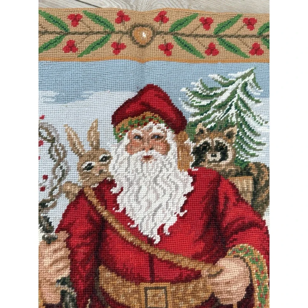 Vintage 1994 C&F Ent. Wool Needlepoint Santa Woodland Animals Tapestry 42X30
